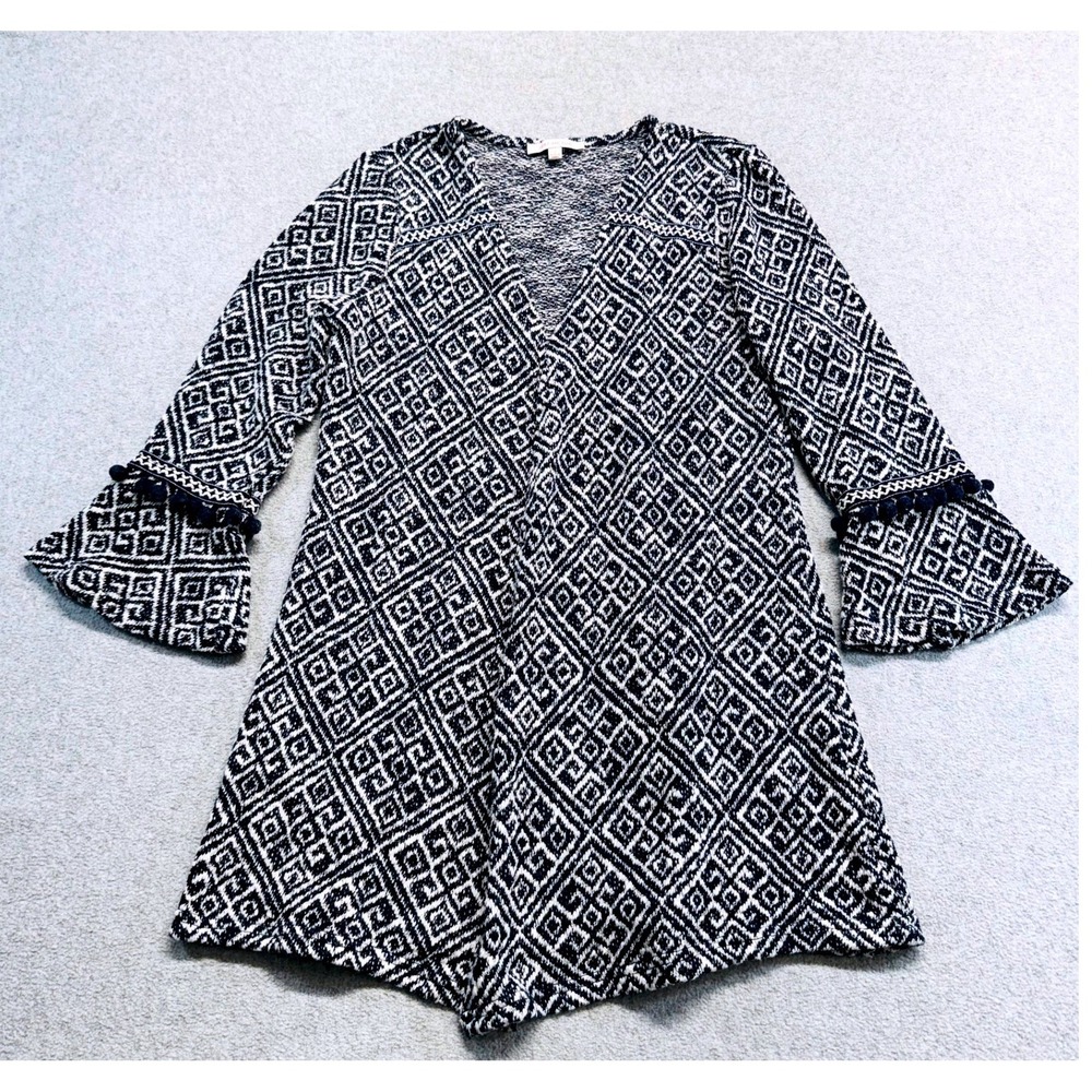 Skies Are Blue Womens S Geometric Knit Cardigan Bell Sleeve Pom Pom Navy Ivory